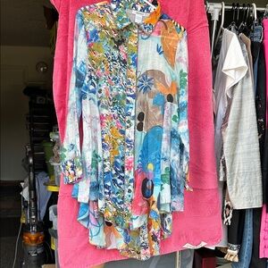 Colorful Floral Print Button-Up Tunic Top - Blue Multi